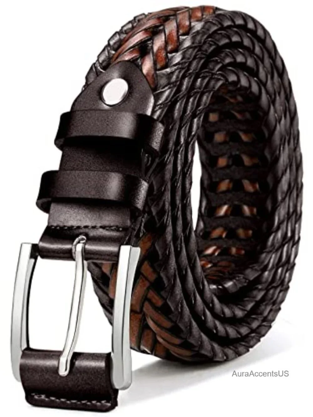 Men's Braided Leather Belt - Holeless Adjustable Woven Golf Belt